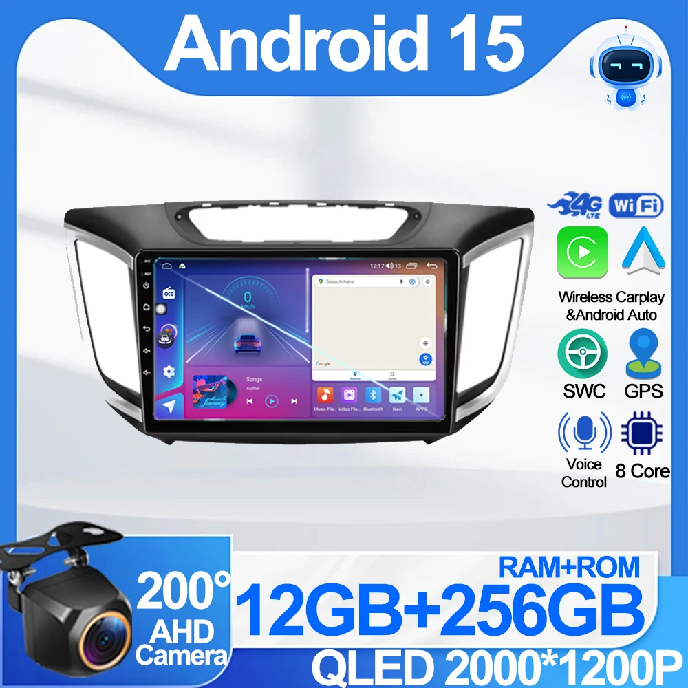 

Android 15 беспроводной Carplay Auto для Hyundai Creta IX25 2015 2016 2017 2018 2019 автомобильный радиоприемник мультимедийный видеоплеер Navi GPS WIFI