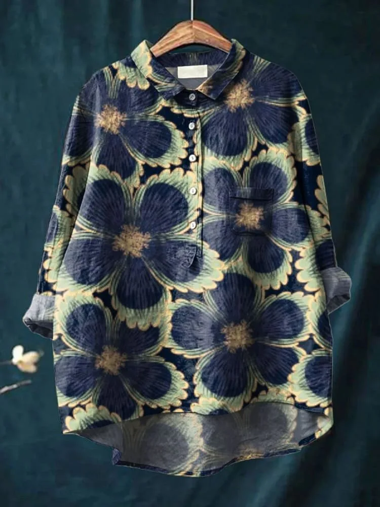 

Summer Women's Shirt Casual vintage floral art long sleeve pocket shirt printed V-neck top for women's fashion clothing