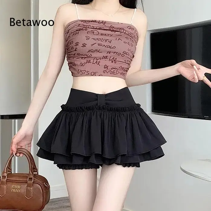 Women Solid Color High Waist Layered Ruffle Mini Skirt Bow Front Pleated Short Skirt with Inner Shorts Y2K Cake Skirt