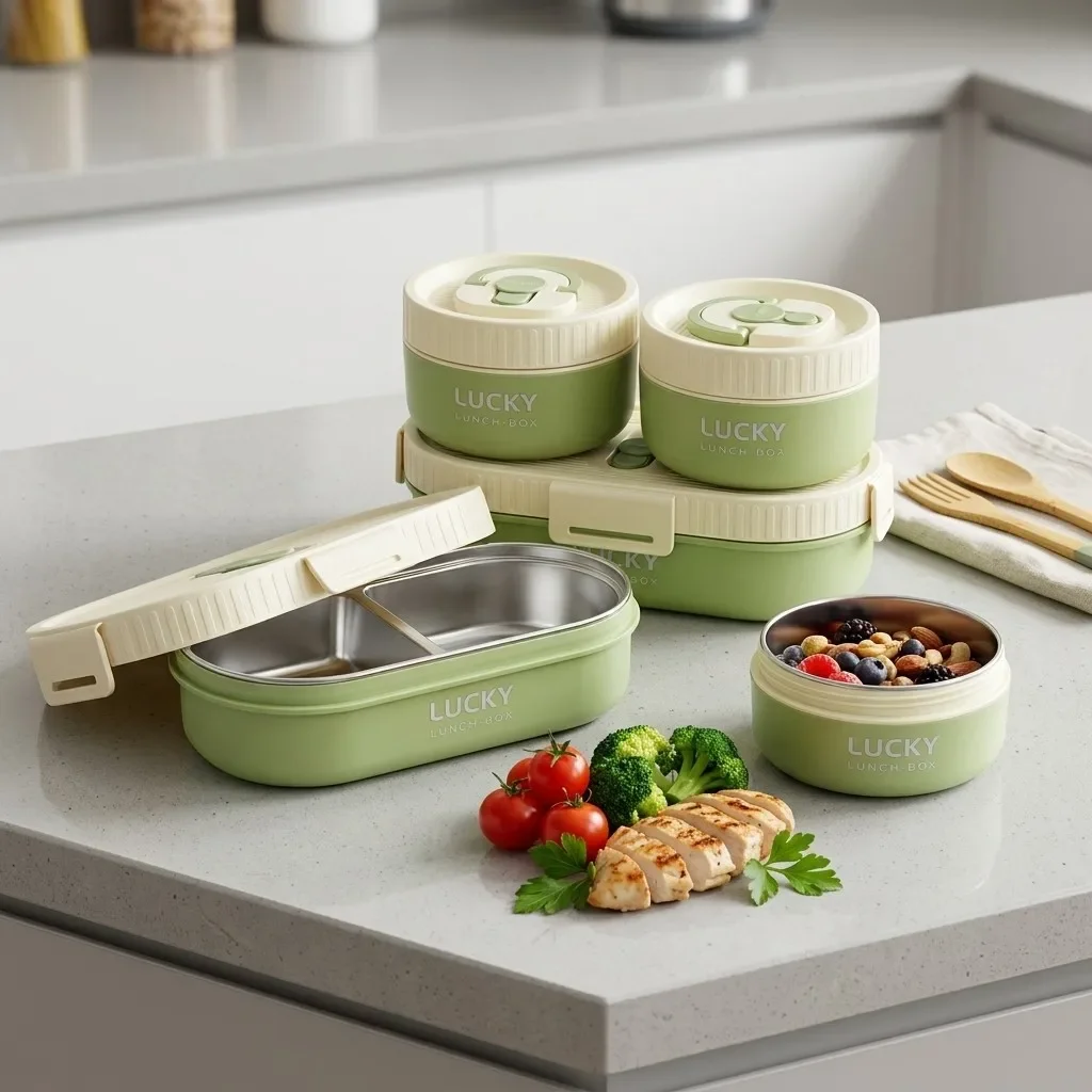 Microwave Safe 304 Stainless Steel Bento Box Set Leakproof Portable Lunch Box Food Storage Containers for Kids Adults Work