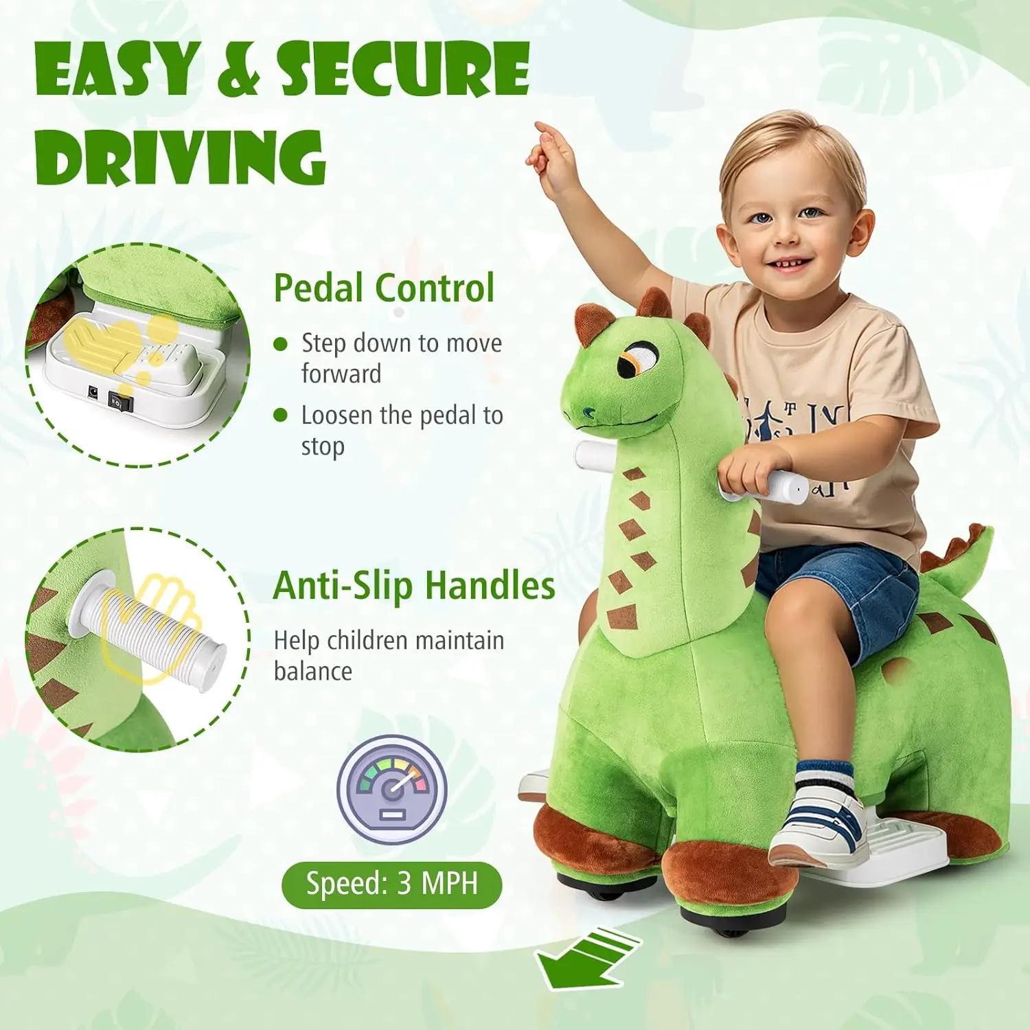 6V Dinosaur Ride on Toys, Battery Powered Motorized Ride on Dinosaur, Music, Forward, Removable & Washable Cover, Comfortable Se