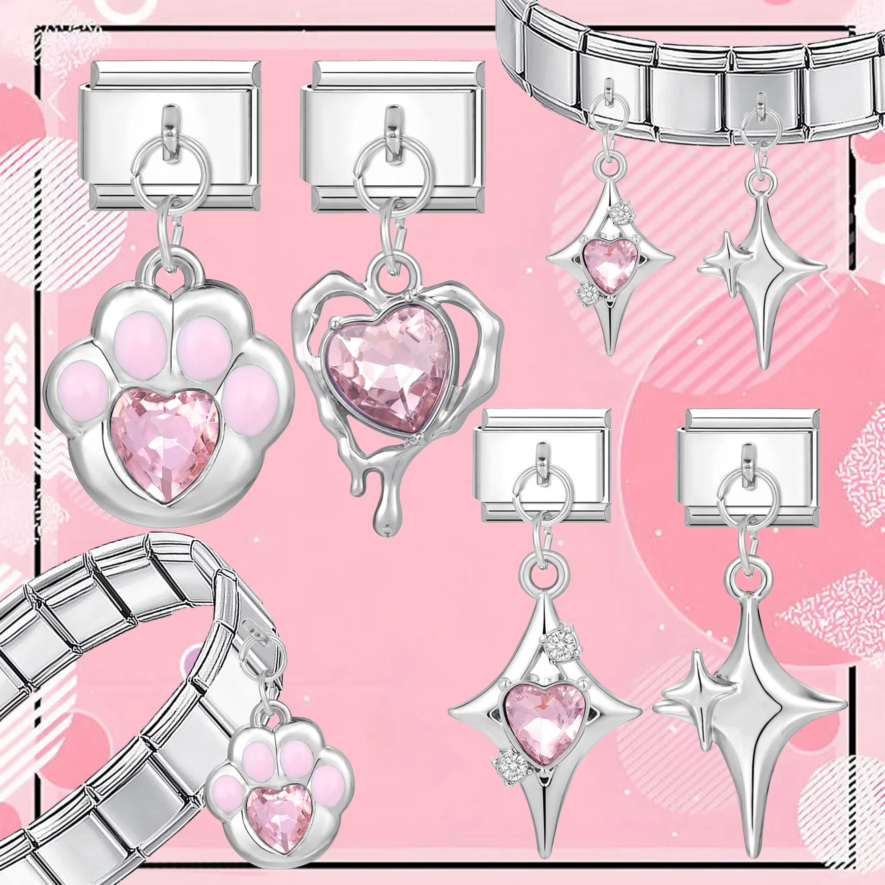 1pc silvery sparkling stars pink heart cute claw pendant -9mm stainless steel Italian style module DIY charm bracelet necklace