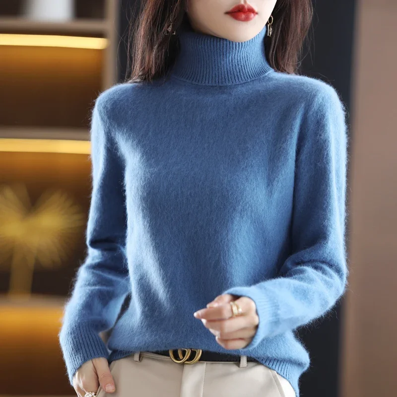 

Pop 100% Mink Cashmere Turtleneck Sweater Women Solid Color Long Sleeve Top Autumn Winter Fashion Knit Female Warm Pullover Jump