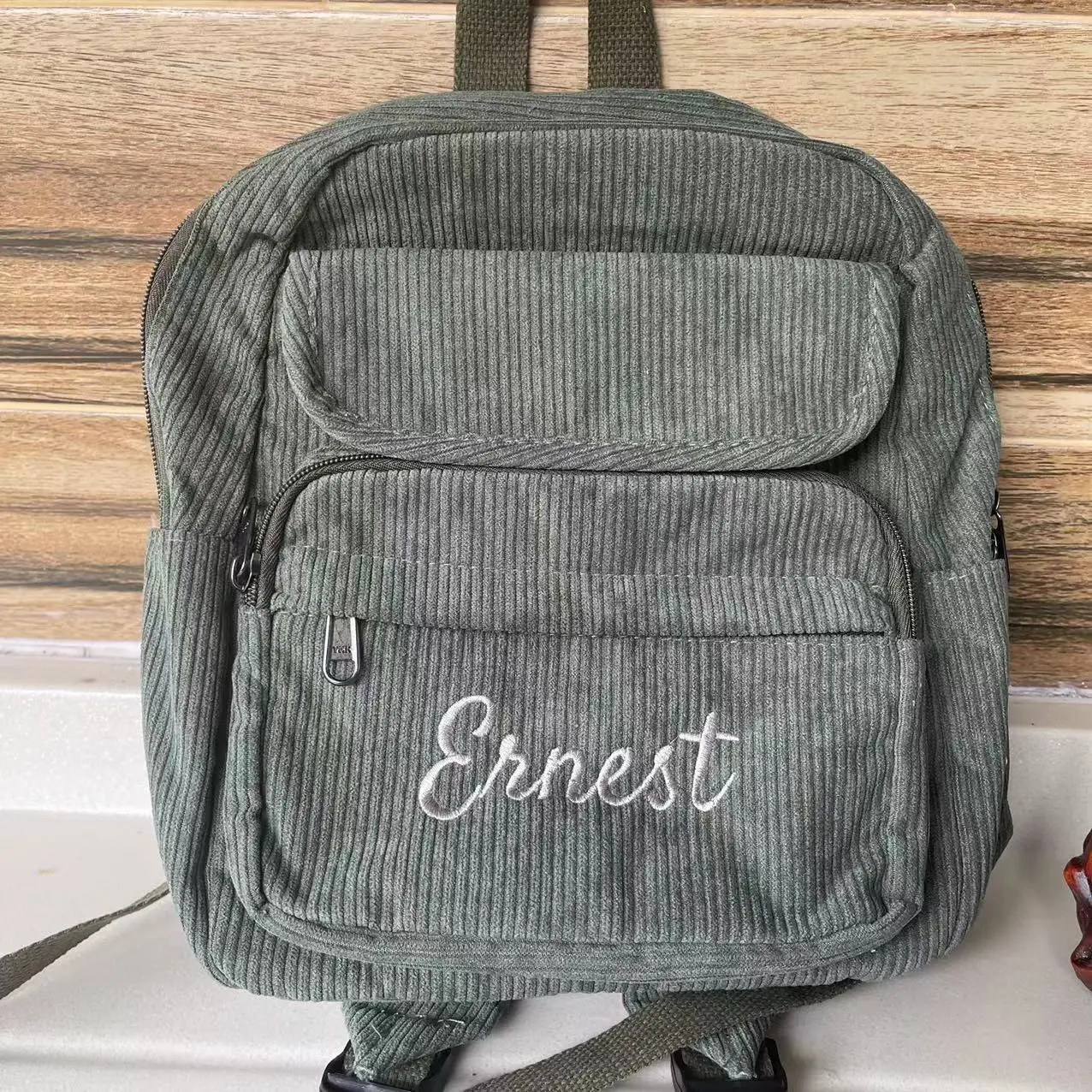 

Corduroy Embroidered Name Backpack For Female High School Students Retro Backpack, Simple And Aashionable Portable Backpack