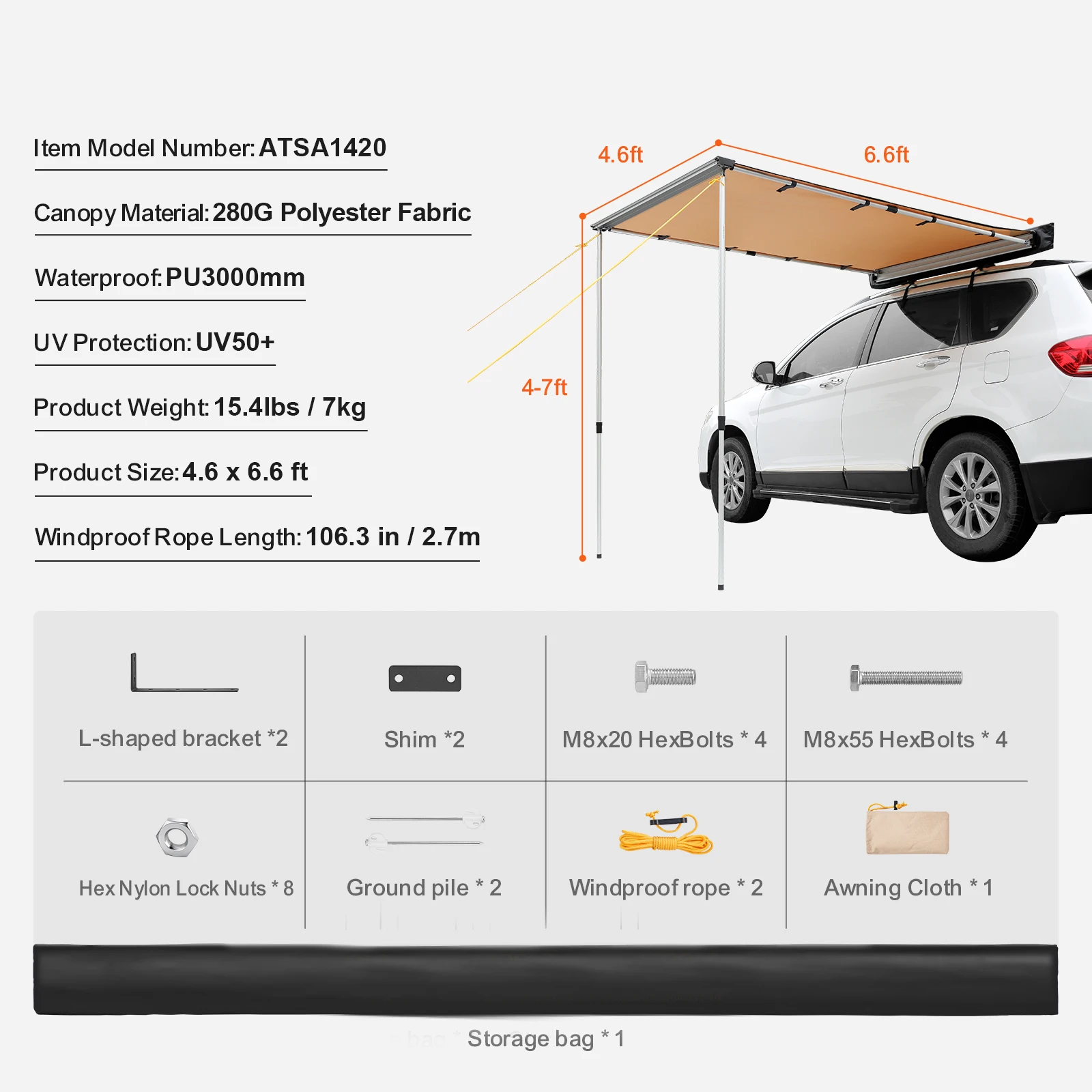 SucceBuy Voertuigluifel Intrekbare autozijluifel Autoluifel met waterdichte opbergtas Geschikt voor vrachtwagens, SUV's, busjes en campers