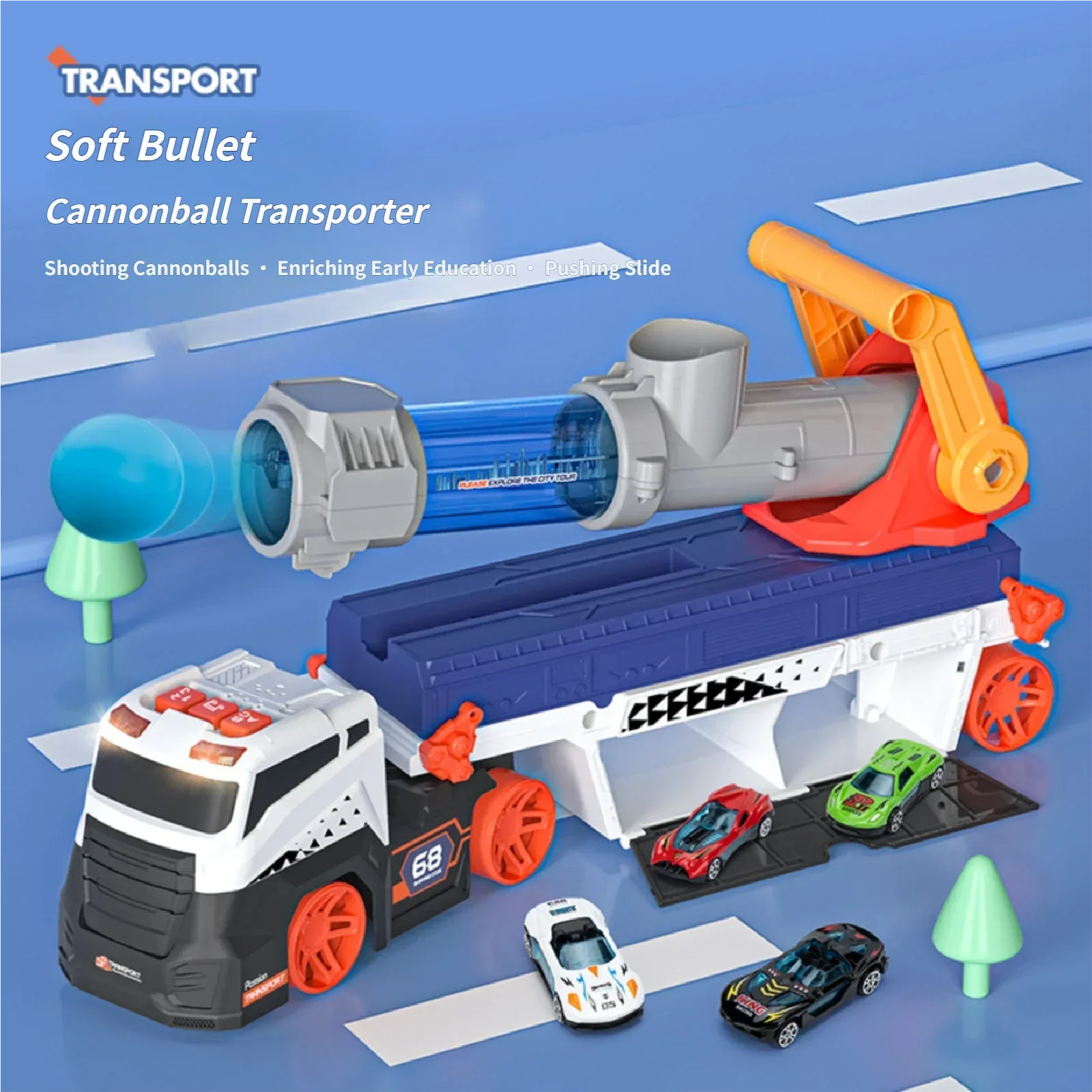 

Электрический грузовик-транспортер для машинок с пусковой установкой для шариков, инерционные мини-машинки из сплава, свет, звуки, музыка, скользящая игра, подарки для детей