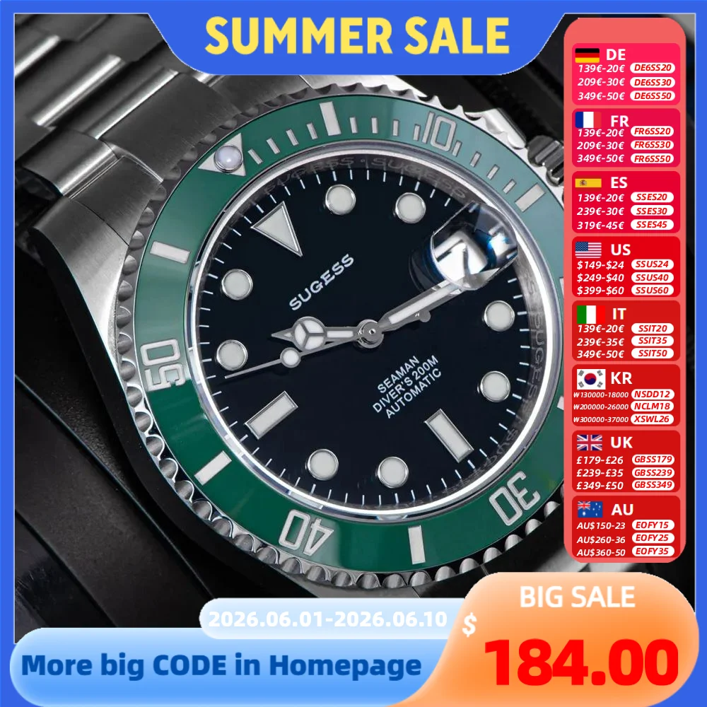 Reloj Sugess Diver Water para hombre, relojes mecánicos automáticos de lujo fantasma, movimiento Nh35, bisel de cerámica, calendario luminoso de 20ATM, nuevo