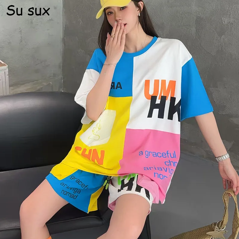 

Multicolor Patchwork Letter Print Oversized Short Pant Sets Woman 2026 Summer Casual O Neck Short Sleeve T Shirt Matching Sets