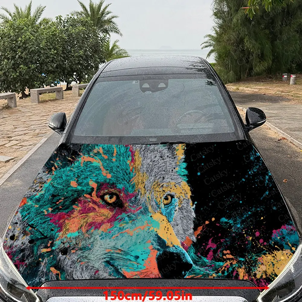 Car Decal Wildlife Art-Inspired Combination of Wolf and Multicolored Textural Elements Car Hood Sticker, Waterproof Self - Adhes