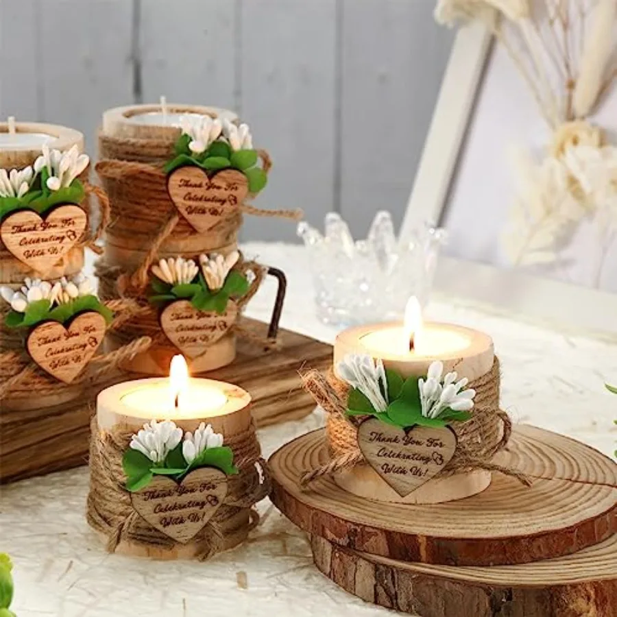 

50 Pcs Wood Tealight Candle Holder with Candle Tealight Candle Decoration Thank You Guest Gifts for Wedding Bridal Baby Shower