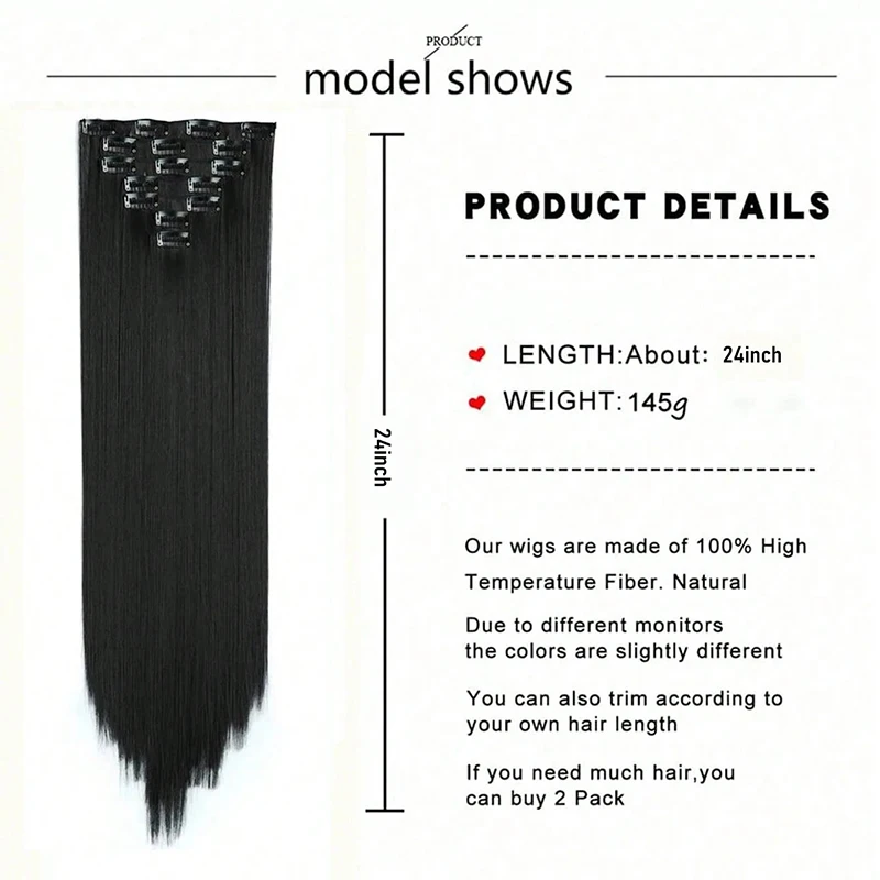 Long Straight Hairpiece 24'' Clip Hair Piece Extensions Synthetic Natural Heat Resistant Fiber Hairpieces for Women's Hairstyle