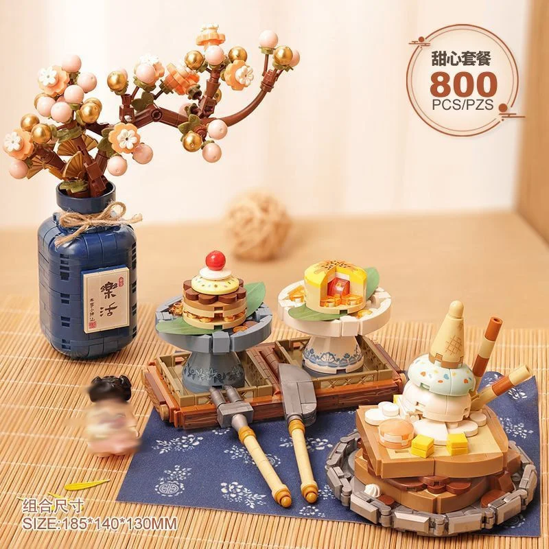 مجموعة مكعبات بناء صغيرة مقلدة ألغاز أدوات الشاي الصينية العتيقة للطعام ديم سوم للأطفال ألعاب تعليمية 1390 1391 ذاتية الصنع هدايا الطوب