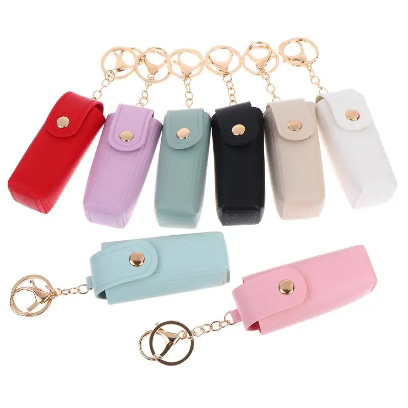 Einfarbige PU-Leder Tragbare Mini-Lippenstifttasche Schlüsselanhänger Spiegelanhänger Schlüsselring Modische Aufbewahrungstasche Damen Make-up-Zubehör – Detail 2
