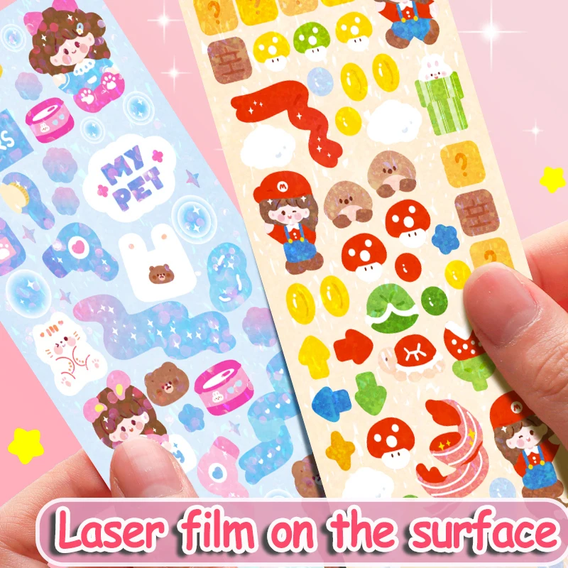 Kawaii Transparent Laser Stickers Handbook Scrapbooking Sticker Planner Supplies Cheap Cute Korean Stationery for Kids Students