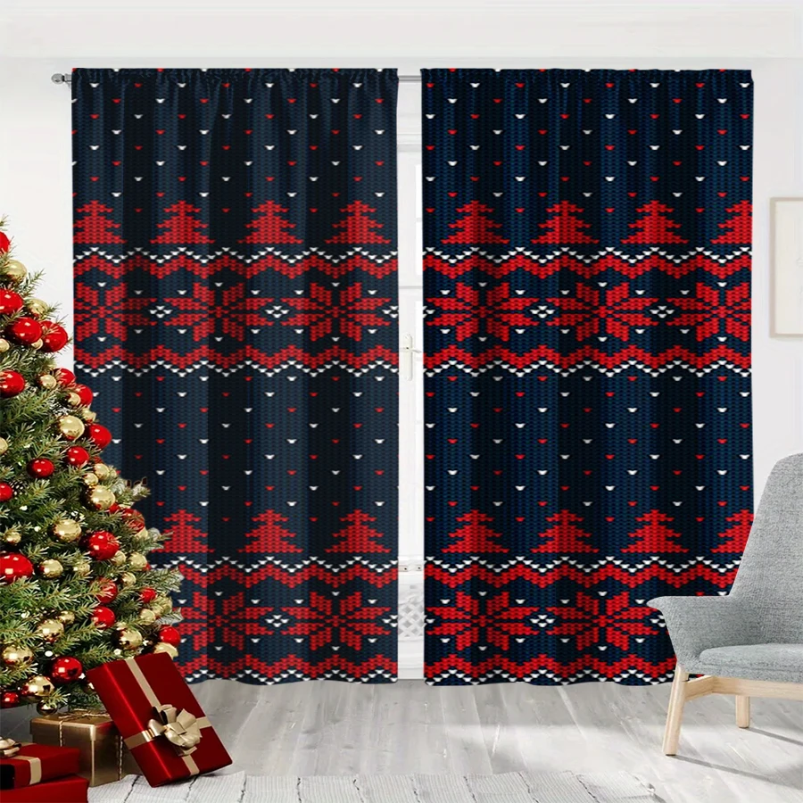 2PCS Christmas Winter Curtains, Navy Fair Isle Knit Tree Snowflake Geometric, Digital Print, Bedroom Living Room, Home Decor