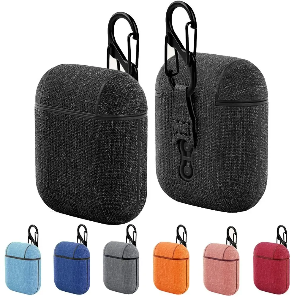 Estojo de fone de ouvido com textura de linho, anti-queda, à prova de poeira, caixa de carregamento, cor sólida com mosquetão para airpods 1/2