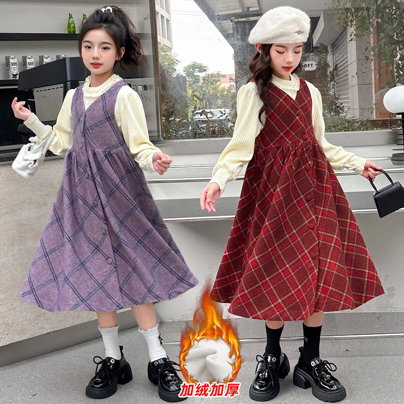 conjuntos teen girls dress set Retro red plaid woolen vest dress+Lotus leaf collar tops 2p junior kid suit child clothes outfits