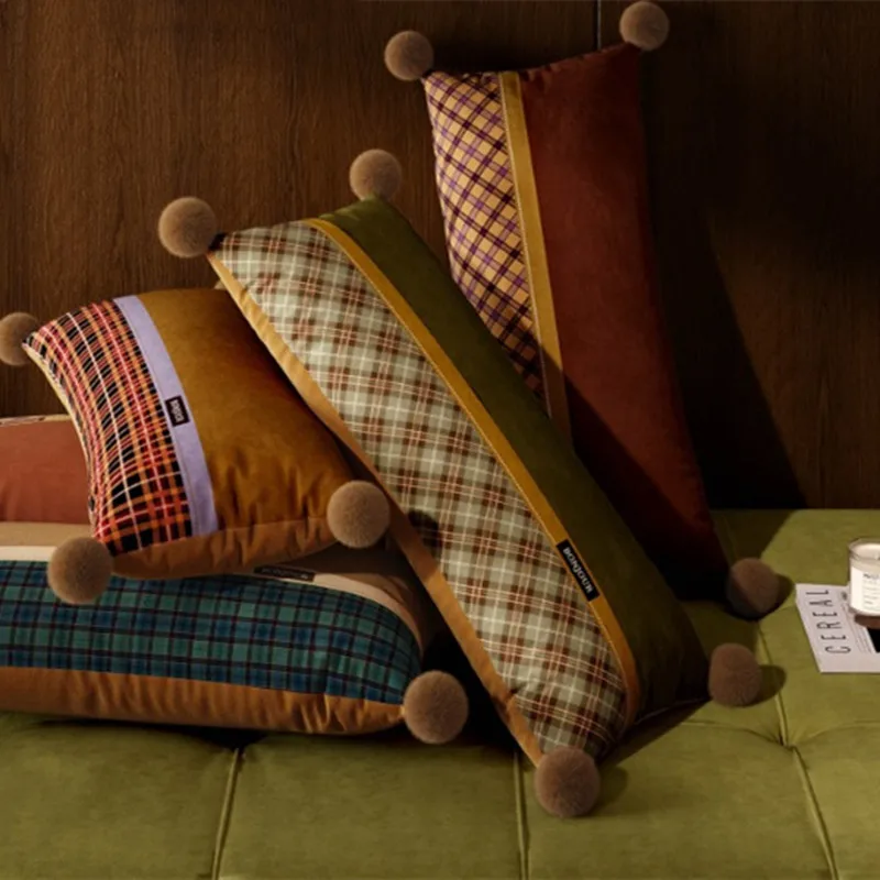 Vintage Plaid Spliced Velvet Lumbar Pillow Cover 30x70cm Pom Pom Long Rectangular Cushion Case Retro Contrast Waist Pillowcase