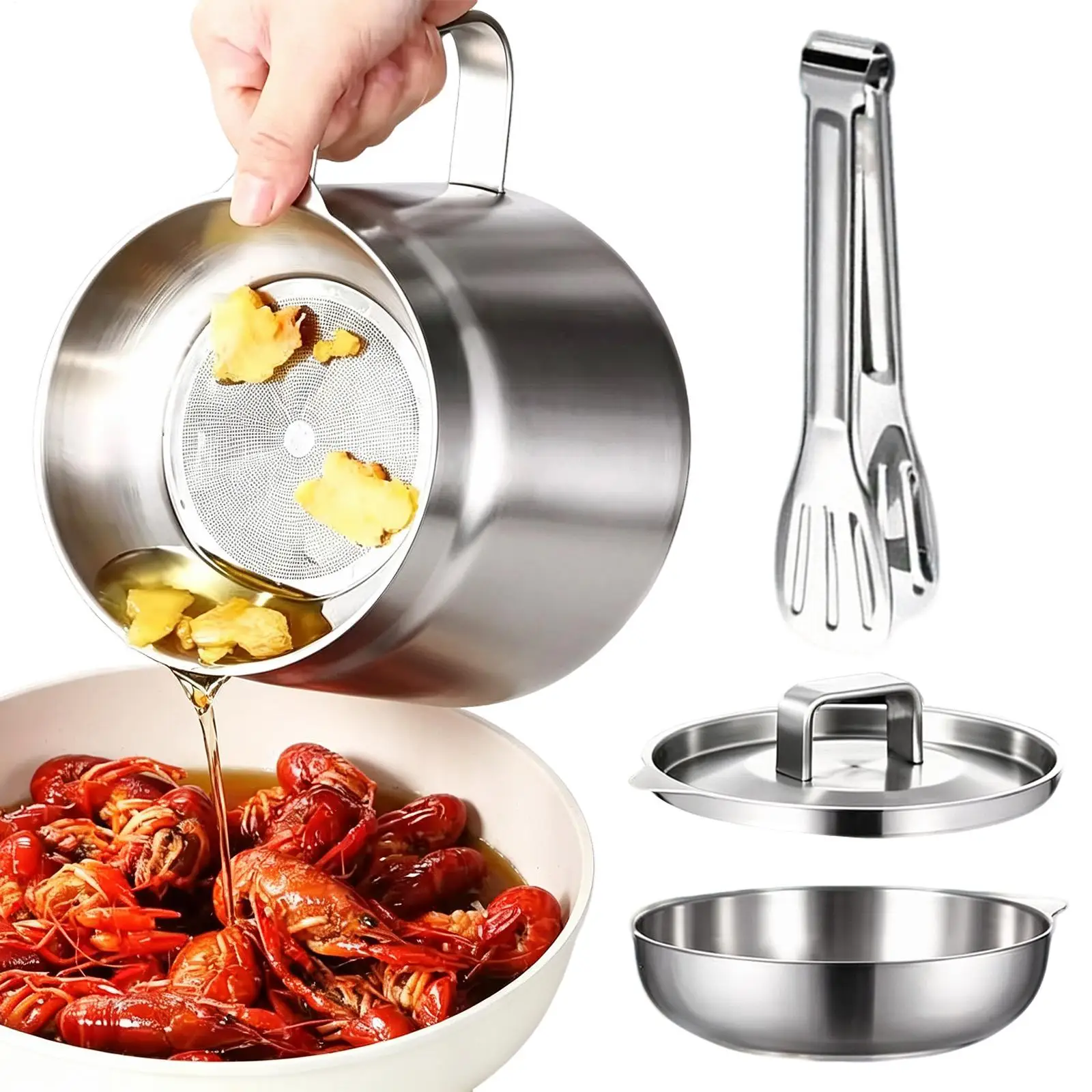 2-in-1 Stainless Steel Deep Fryer 2-liter Oil Filter Kettle With Frying Basket Kitchen Mini Bacon Oil Collection Container