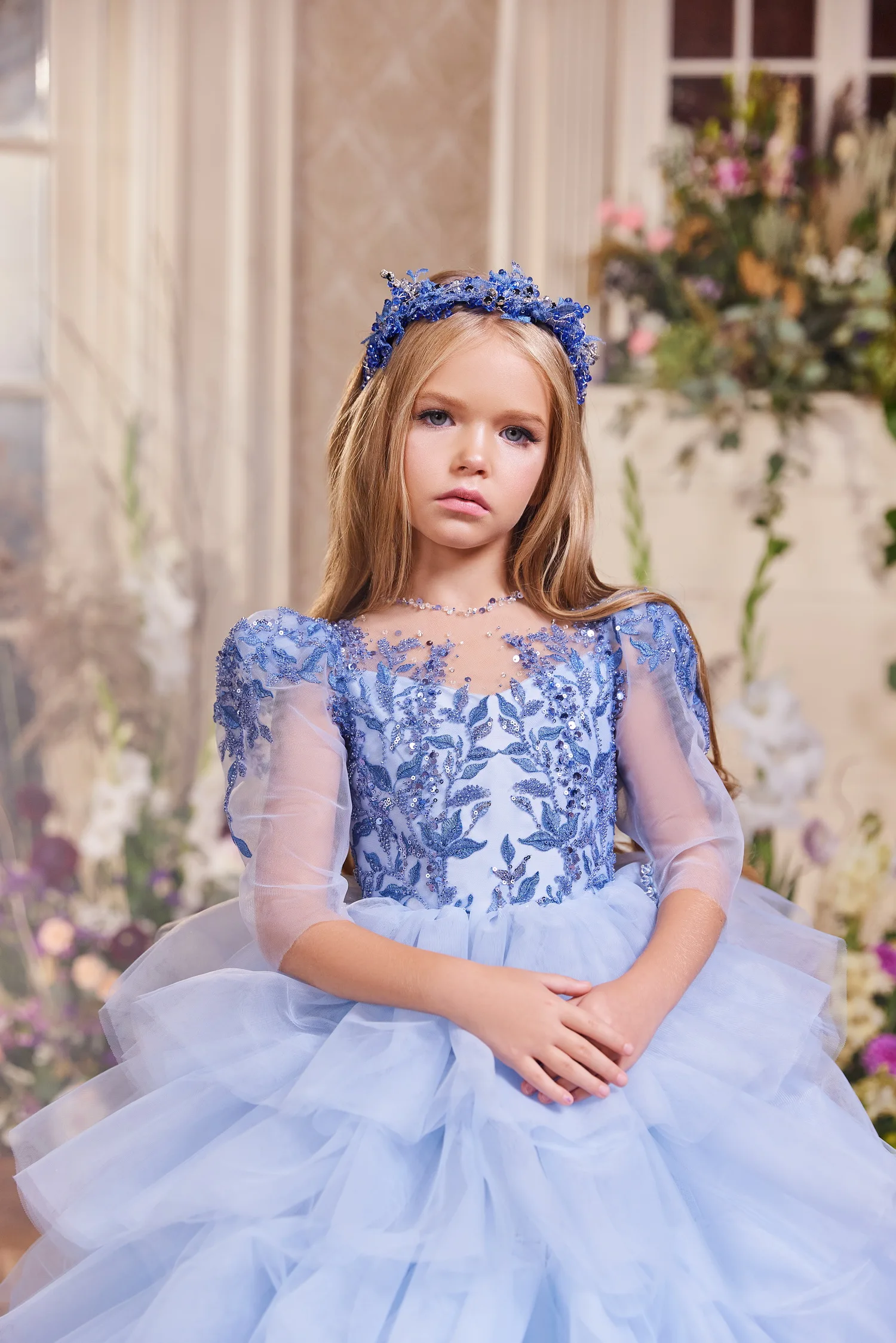 Vestidos de flores para niña, vestidos de banquete con cuentas azules, faldas escalonadas, vestido de princesa, boda, fiesta de graduación, navidad