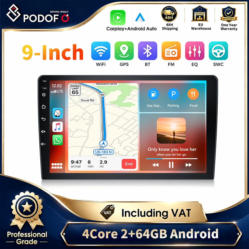 Autoradio Android Podofo 2 DIN con schermo touchscreen in vetro temperato 2.5D HD 1080P da 9'', 2GB+64GB, navigazione GPS, WiFi, Bluetooth, FM, USB, lettore MP5, CarPlay wireless e Android Auto
