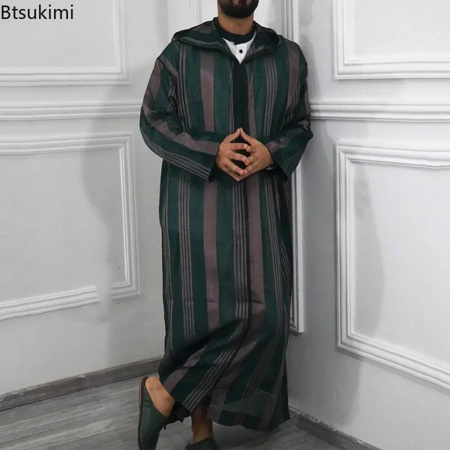 2023 Moslim Mannen Jubba Thobe Lange Mouw Gestreepte Capuchon Ademende Gewaden Mannen Thobe Gewaad Losse Dubai Saudi Arabische Kaftan Mannen kleding