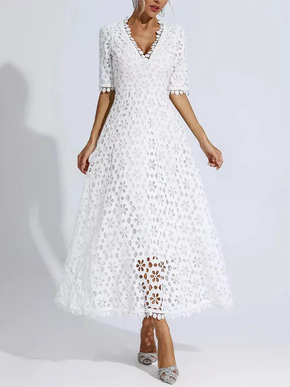 

New Fashion Sexy Short Sleeve V-neck Solid Color Lace Floral Fit And Flare Slim Fit Mid-Calf Dress For Women