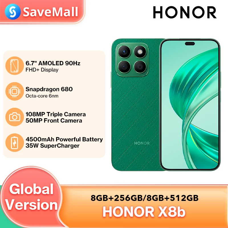 HONOR X8a 글로벌 버전, 6.7 인치, 90Hz 주사율 디스플레이, 256GB ROM, 스냅드래곤 680, 4G, 108MP 카메라, 4500mAh 배터리