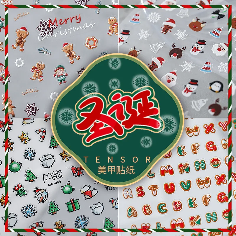 Upgraded 3D Nail Stickers Sheer Thin Tough Translucent Self Adhesive Christmas Assorted Design Premium Glossy Finish for Women
