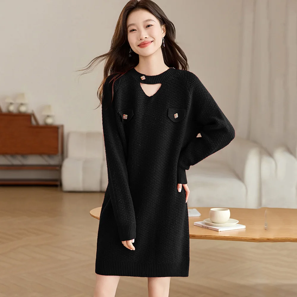 

New Women Elegant Simplicity Sweater Autumn Winter Fashion O-Neck Long Sleeve Loose Sweater Dress Casual Long Knitted Sweater