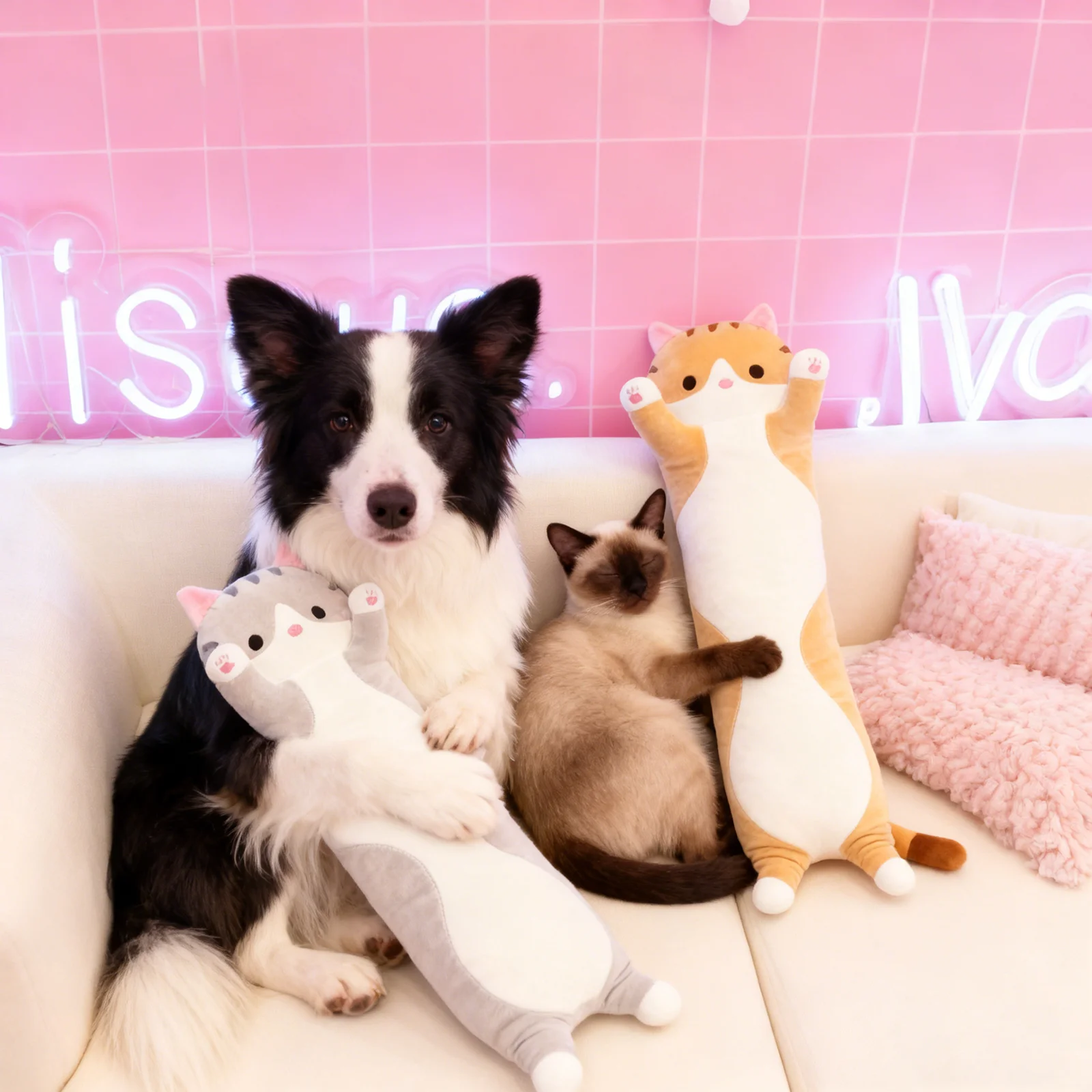 

Long Cat Plush Dog Toy Soft Down Cotton Stuffed Kitten Pillow Pet Sleep Buddy Anxiety Relief Calming Doll for Small Large Dogs