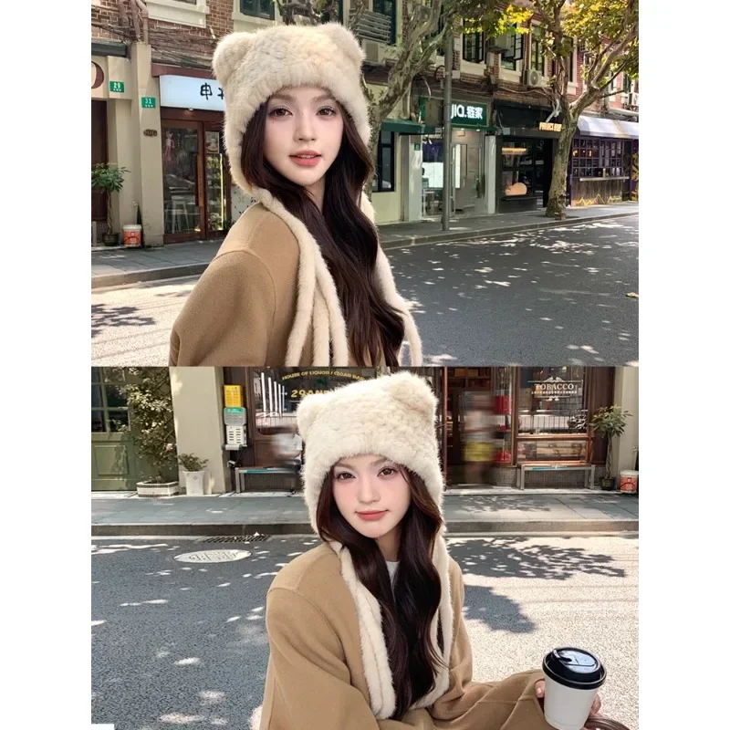 Mink hat woven long tassel small ear knit hat women's winter warm ear fur hat sweet and cute