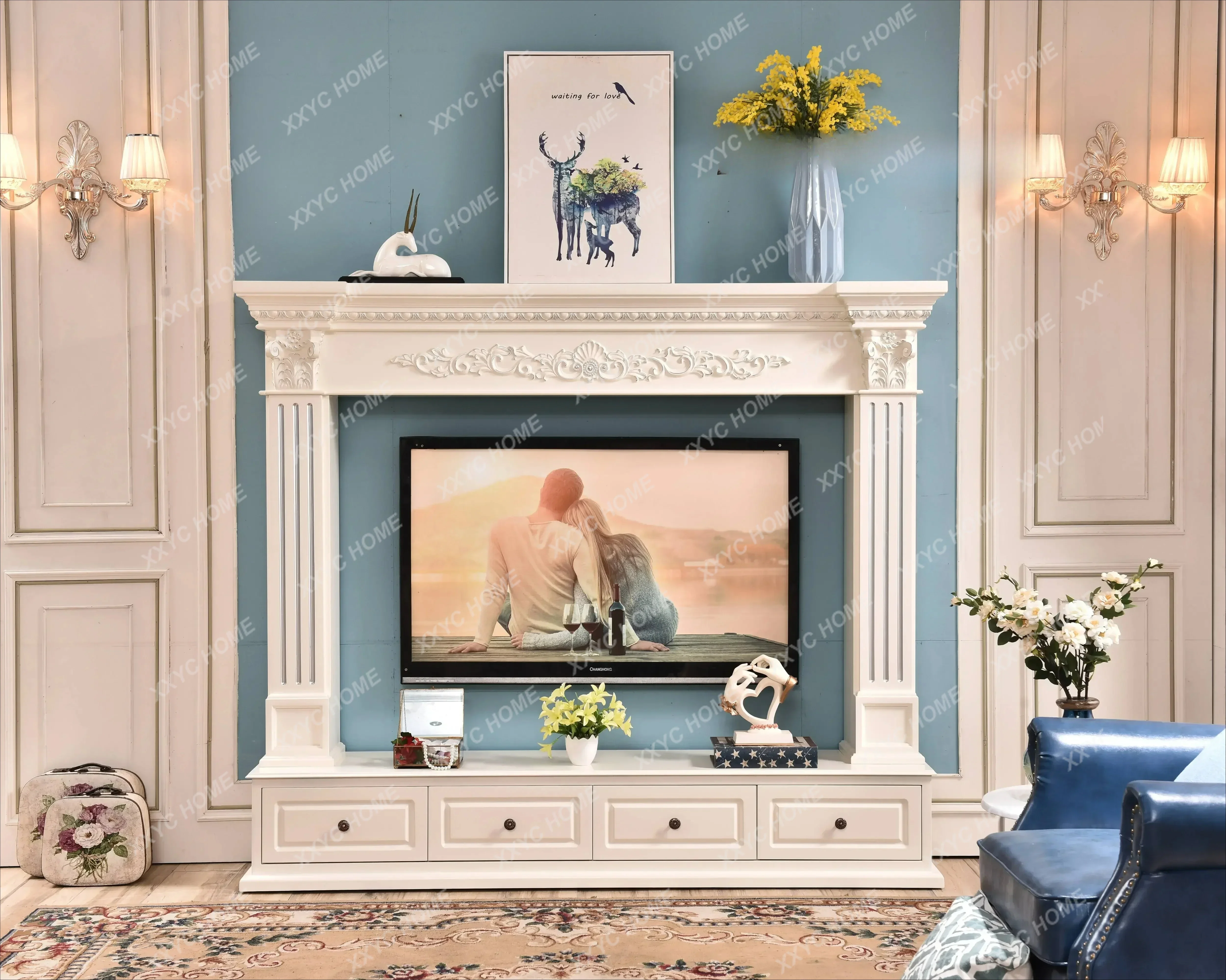 L TV fireplace cabinet  background decoration  retro TV cabinet living room engraved background wall