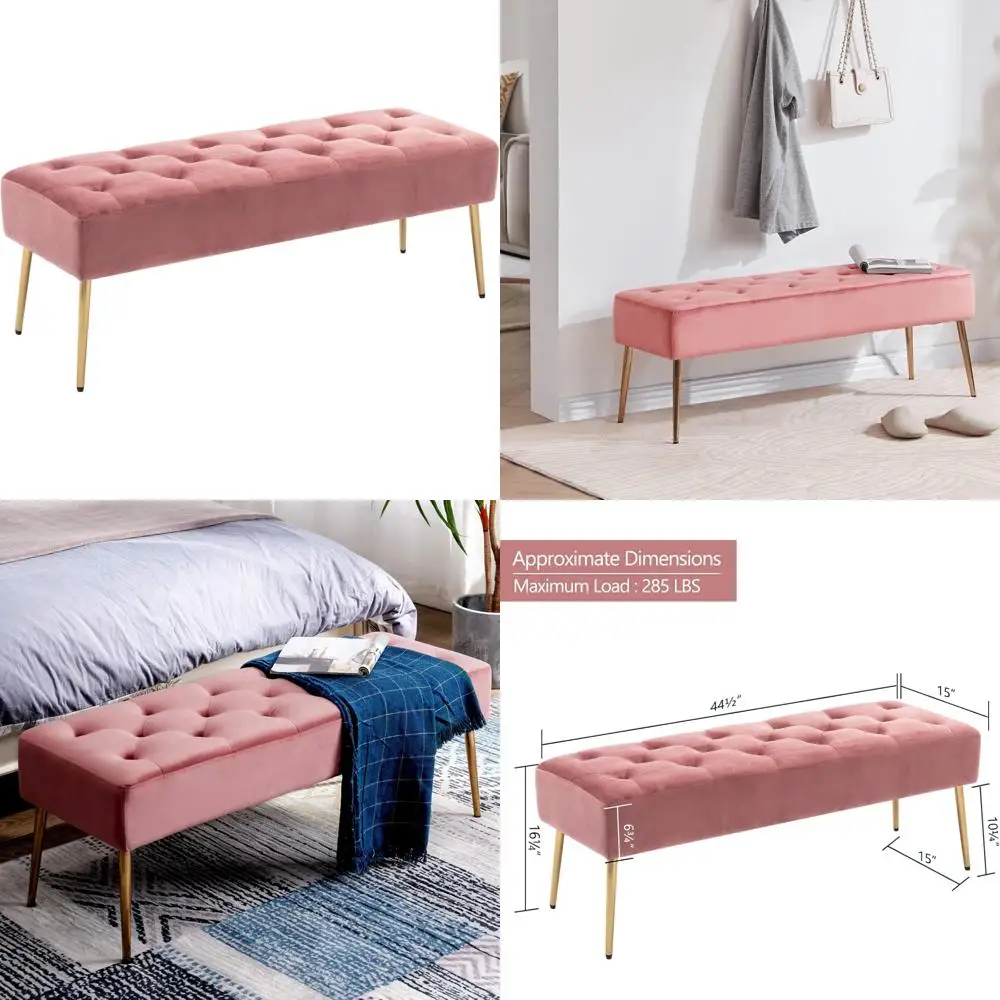 Velvet Button-Tufted Upholstered Ottoman Bench, Bedroom End of Bed Storage Bench with Gold Base for Entryway Living Room Decor