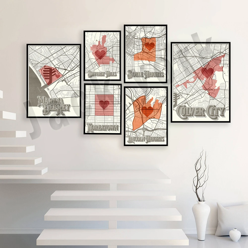 Koreatown, Culver City Los Angeles Neighborhood, Filipino Town, Lincoln Heights, Glendale Los Angeles Neighborhood Map Poster