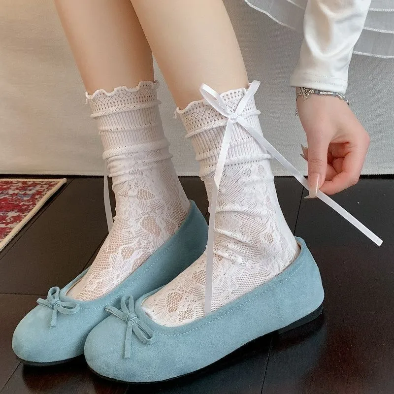

1/5 пар летних носков для девочек, кружевные носки с бантом до икры, элегантные носки в готическом стиле, дышащие носки для косплея, фотосессий, чулки