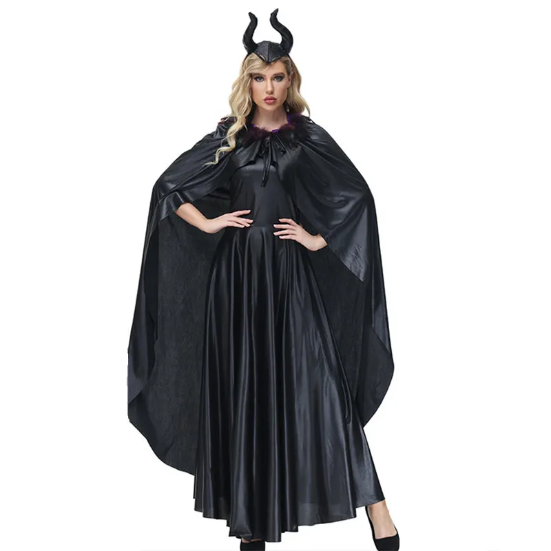

Faux Leather Gothic Woman Halloween Black Demon Costumes Female Witch Sorceress Cosplay Carnival Purim Role Playing Party Dress