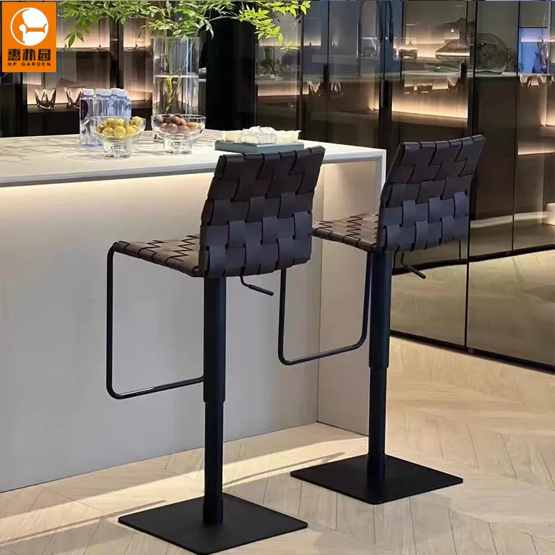 Italian-style saddle leather woven bar stools, designer luxury high-top chairs for island counters, cafe leisure stools, and