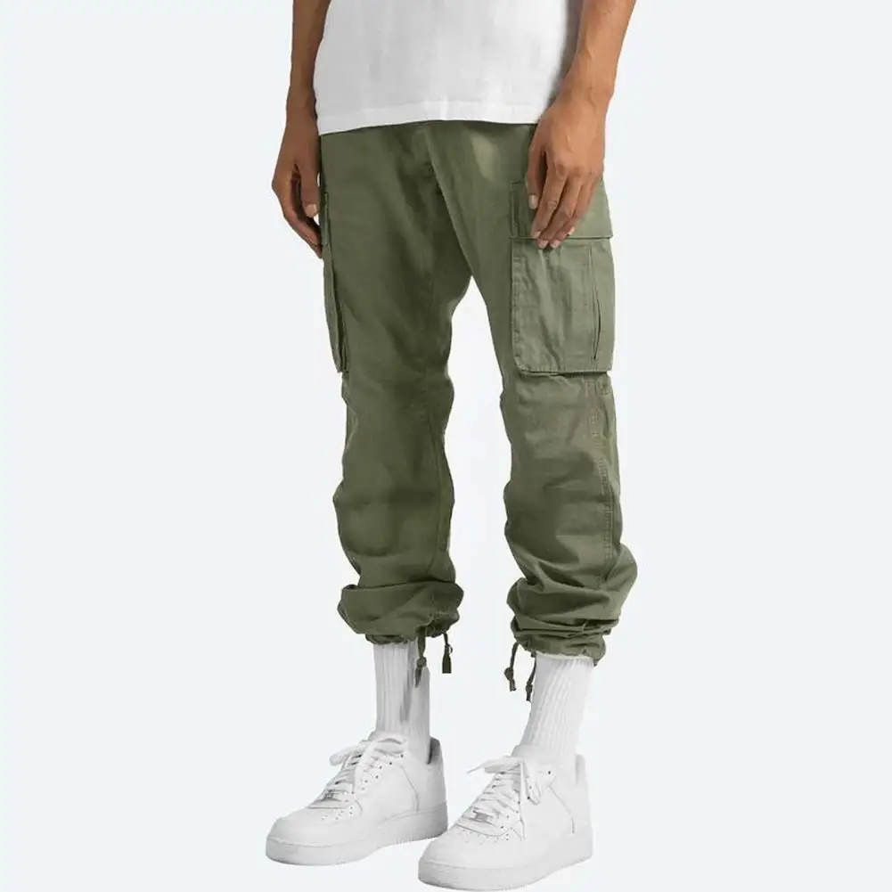 

Solid Color Men Pants Vintage American Style Cargo Pants with Elastic Waist Multi Pockets Breathable Fabric for Sports