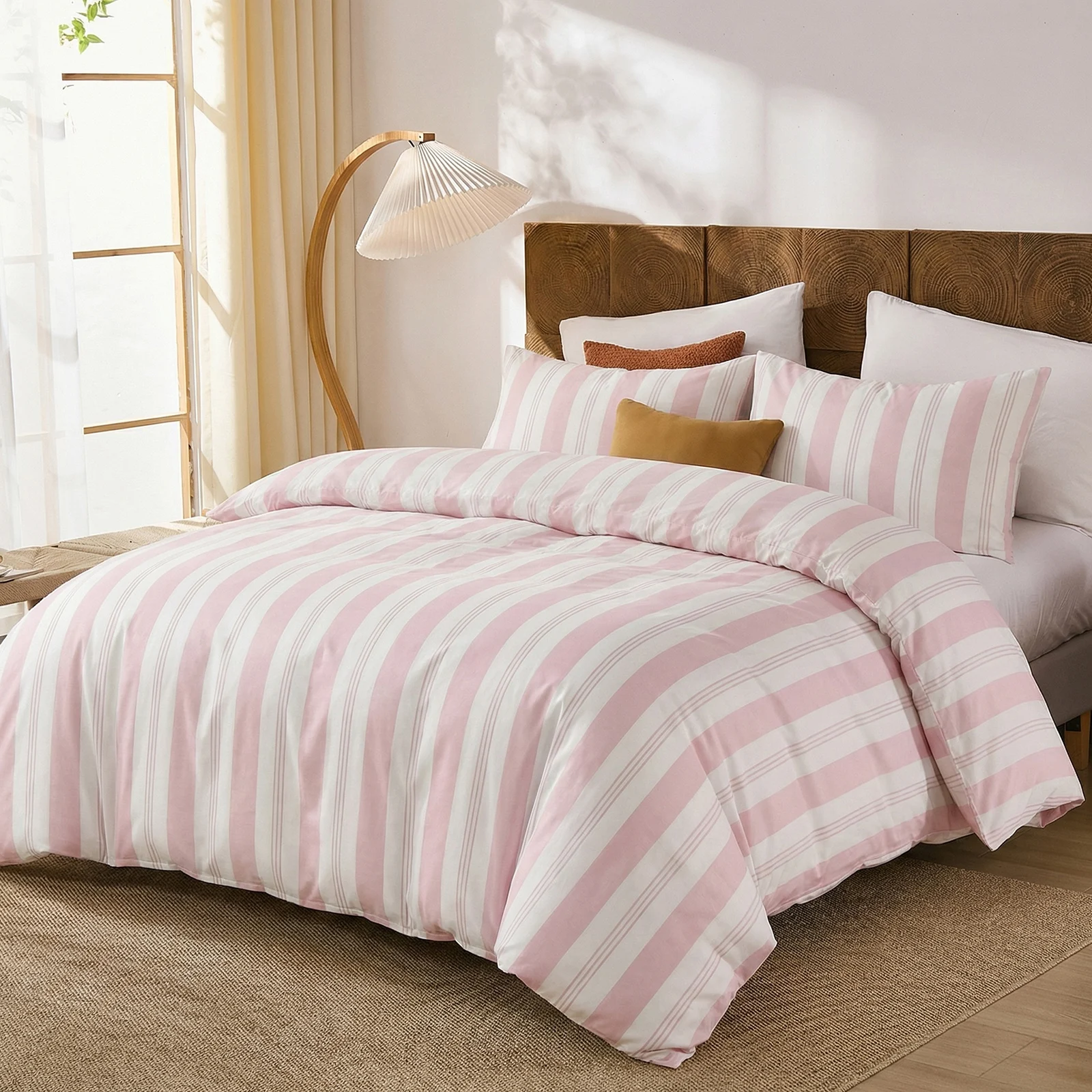 Pink Striped Duvet Cover Set Queen Size, 100% Cotton Bedding Set with Zipper Closure & 8 Corner Ties, Awning Stripe Bedding, Soft Breathable Comforter Cover for All Seasons