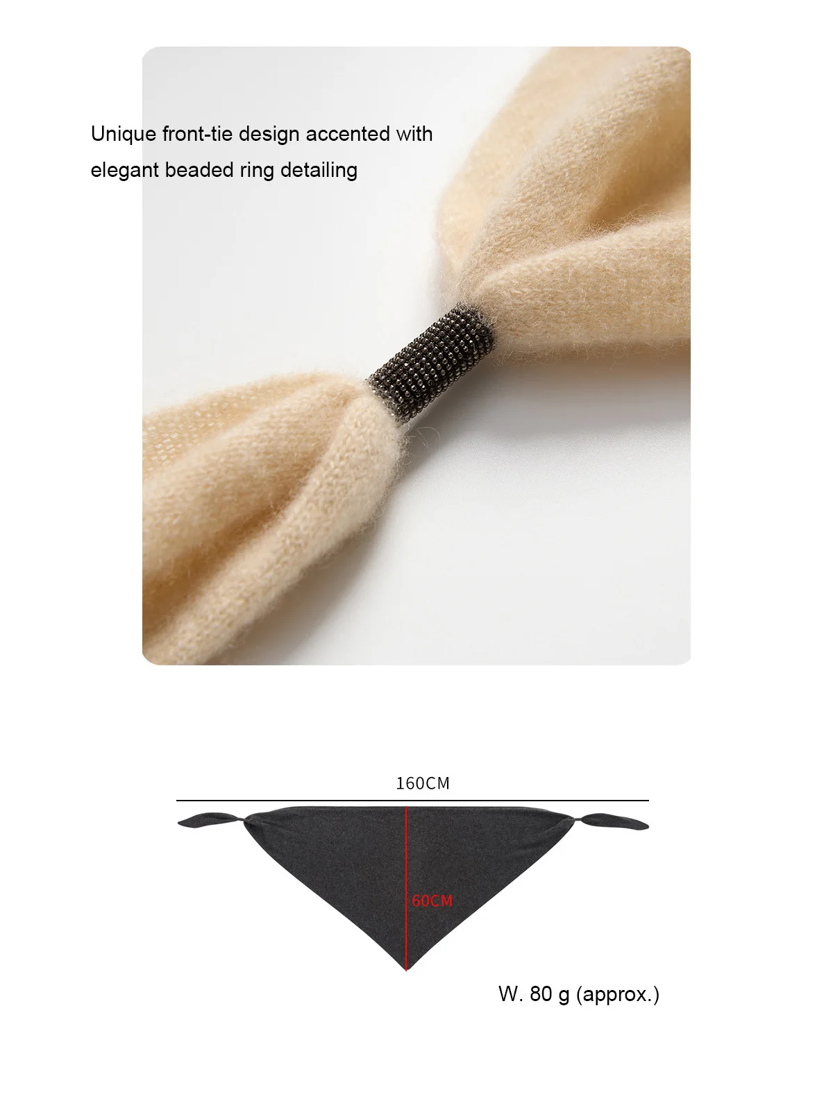 Cashmere Triangle Scarf Shawl, Soft Knit Shoulder Wrap with Beads, Lightweight Cozy Winter Pashmina