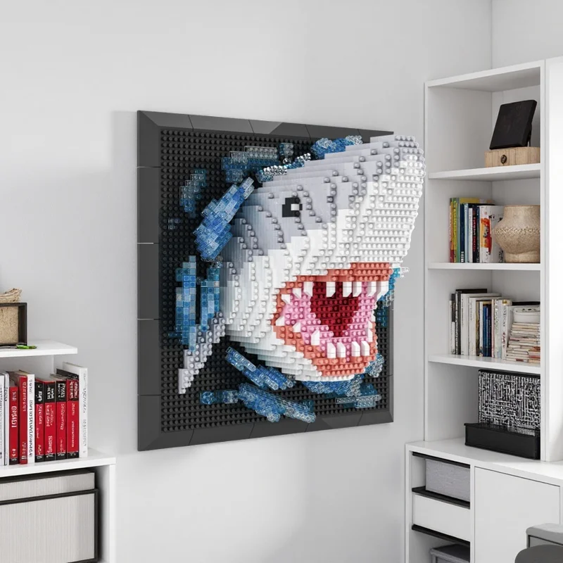 Haaienbouwsteenspeelgoed dat aan de muur worden gemonteerd of op een bureau, decor voor studeerkamer of woonkamer, vakantiecadeau