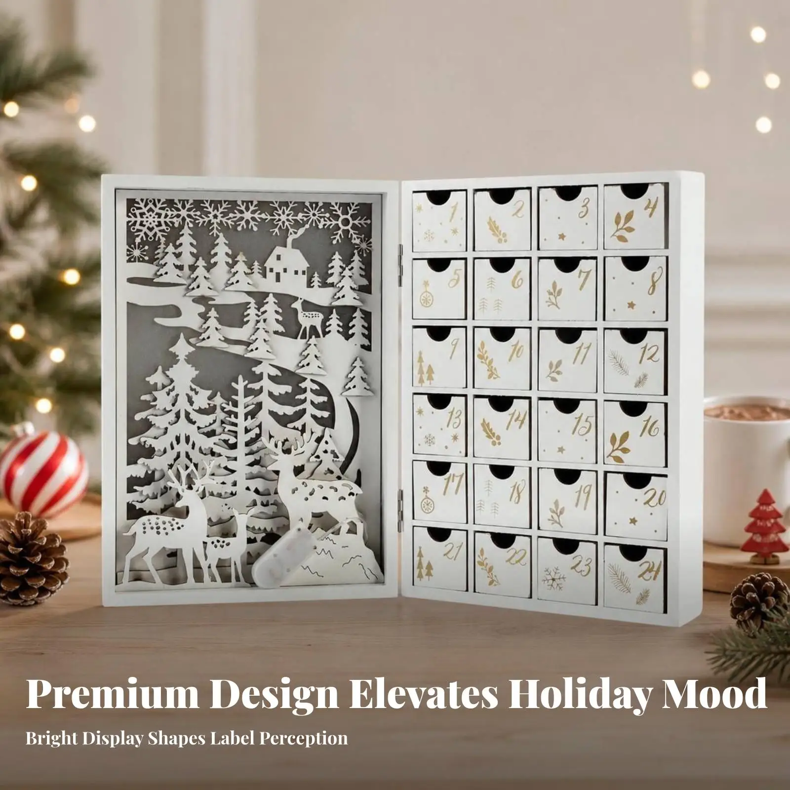 Illuminated Wood Countdown Calendar for Christmas with 24 Compartments Festive Tabletop Decoration for Mantel Shelf