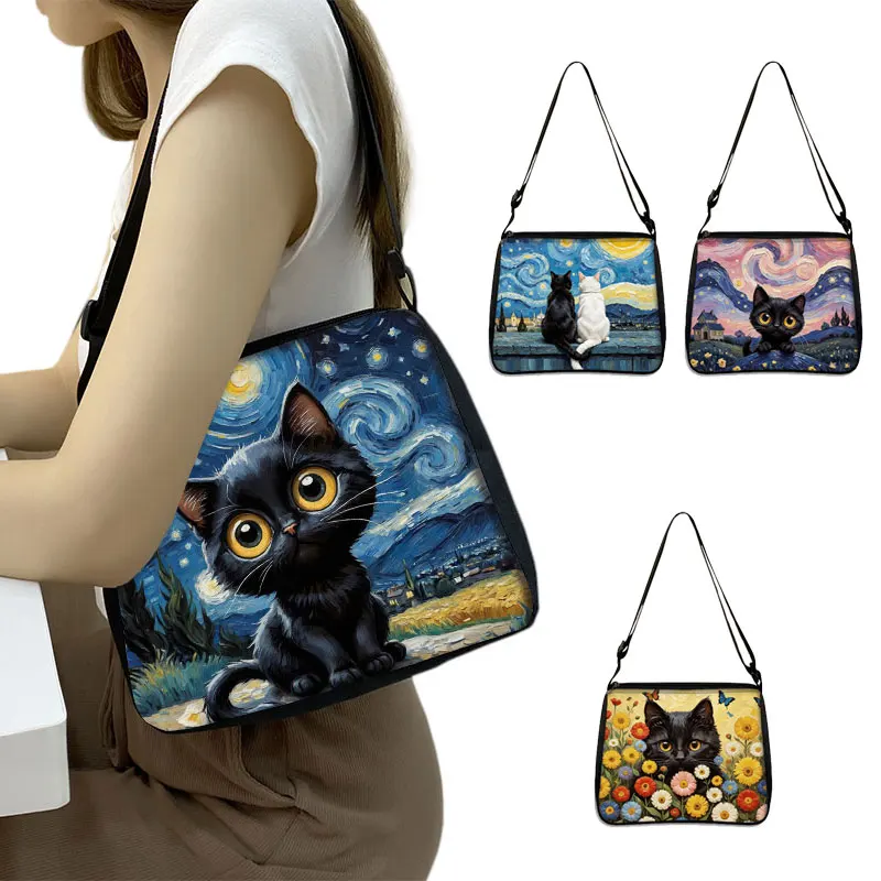 

Oil Painting Black Cat Shoulder Bags Cute Cat with Van Gogh Works Women The Starry Night Handbags Phone Holder Crossbody Bag