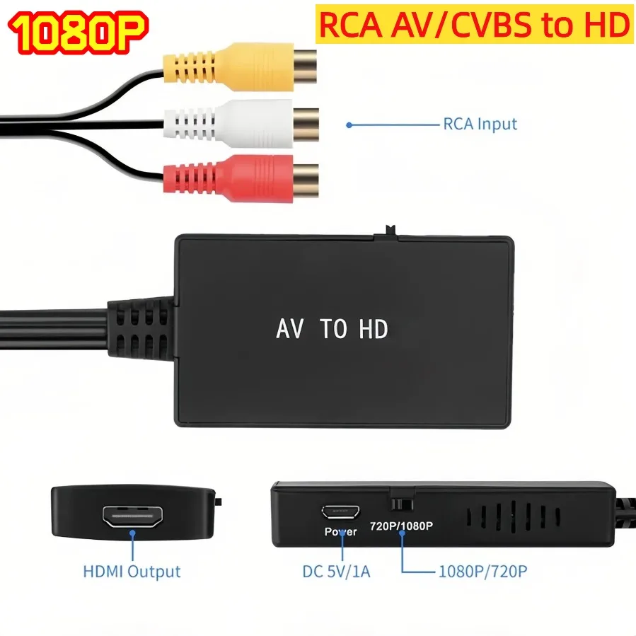 RCA/AV to HDMI-Compatible Converter HD 1080P AV to HD-MI Video Audio Adapter Supports PAL and NTSC Model for PS2 PS3 XBOX DVD