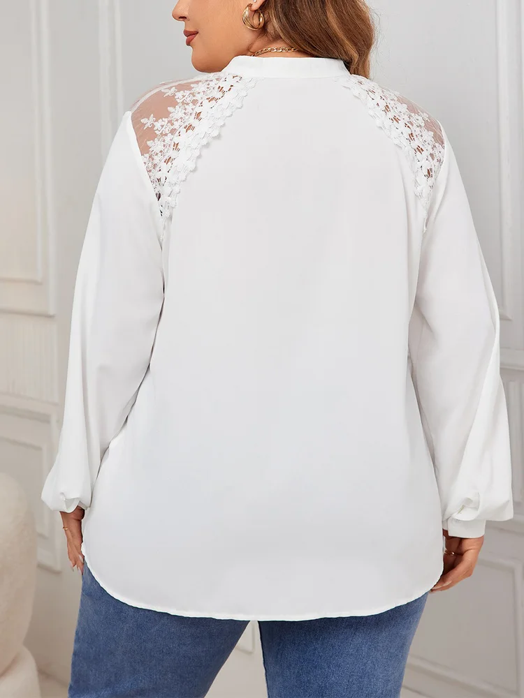 GIBSIE Plus Size Notched Neck Contrast Lace Mesh White Shirt Women Autumn New Lantern Sleeve Office Casual Button Up Shirts Tops