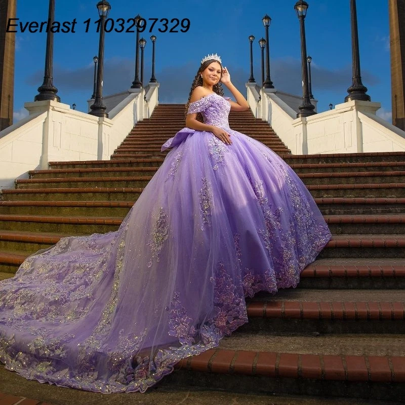 Evlast personalizado lavanda quinceanera vestido de baile 3d flores applique miçangas arco espartilho doce 16 vestido de 15 anos tqd618