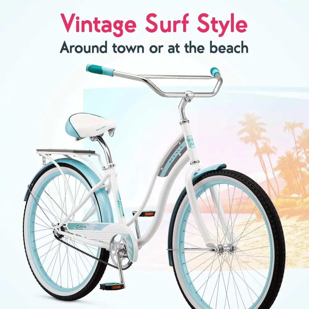 Lakona Youth and Adult Beach Cruiser Bike, Men and Women, 20-26-Inch Wheel Options, Step-Through or Step-Over