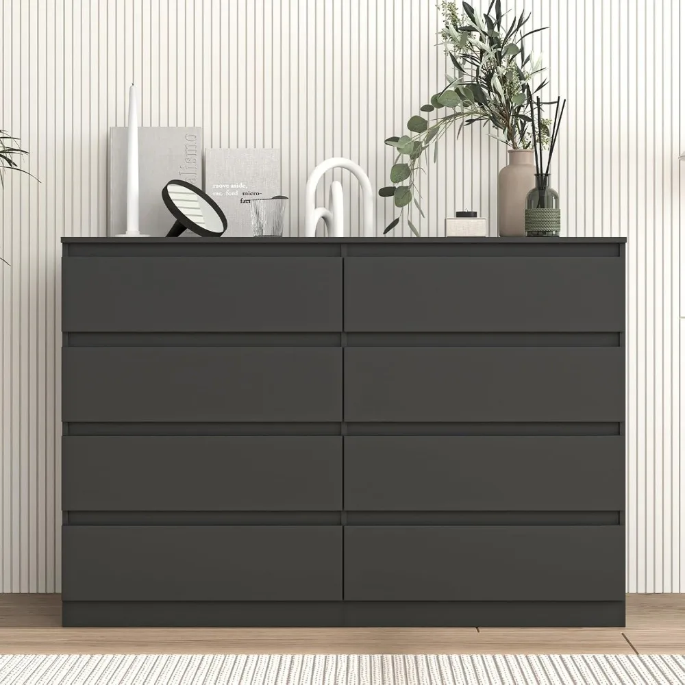 Vibe & Dine Cômoda dupla com 8 gavetas, cômoda moderna de madeira com amplo armazenamento para armário, quarto, sala de estar, preta