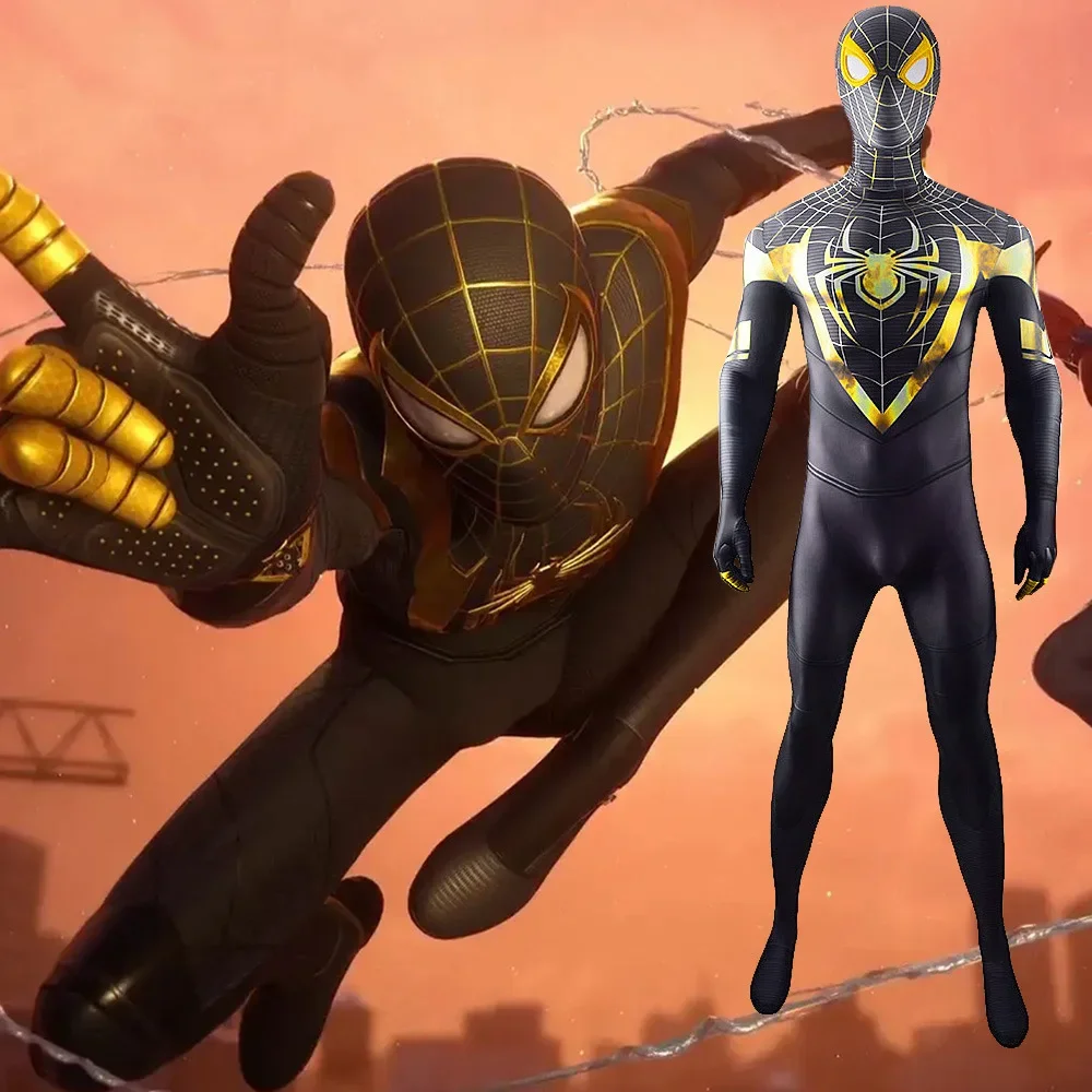 

PS5 Miles Morales Spiderman Costume Cosplay PS5 Gold Spider Spandex Costume Superhero Zentai Suits Halloween Costume Adult